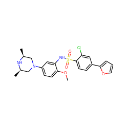 COc1ccc(N2C[C@H](C)N[C@H](C)C2)cc1NS(=O)(=O)c1ccc(-c2ccco2)cc1Cl ZINC000095598580