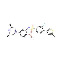 COc1ccc(N2C[C@H](C)N[C@H](C)C2)cc1NS(=O)(=O)c1ccc(-c2csc(C)c2)c(F)c1 ZINC000034663082