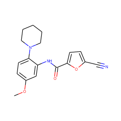 COc1ccc(N2CCCCC2)c(NC(=O)c2ccc(C#N)o2)c1 ZINC000028960954
