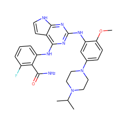 COc1ccc(N2CCN(C(C)C)CC2)cc1Nc1nc(Nc2cccc(F)c2C(N)=O)c2cc[nH]c2n1 ZINC000040873243