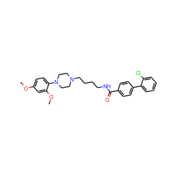 COc1ccc(N2CCN(CCCCNC(=O)c3ccc(-c4ccccc4Cl)cc3)CC2)c(OC)c1 ZINC000045254628