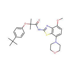 COc1ccc(N2CCOCC2)c2sc(NC(=O)C(C)(C)Oc3ccc(C(C)(C)C)cc3)nc12 ZINC001772585883