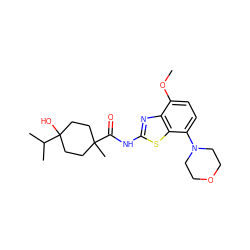 COc1ccc(N2CCOCC2)c2sc(NC(=O)C3(C)CCC(O)(C(C)C)CC3)nc12 ZINC001772626536