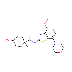 COc1ccc(N2CCOCC2)c2sc(NC(=O)C3(C)CCC(O)CC3)nc12 ZINC001772641123