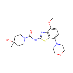 COc1ccc(N2CCOCC2)c2sc(NC(=O)N3CCC(C)(O)CC3)nc12 ZINC000013986943