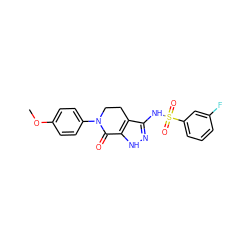 COc1ccc(N2CCc3c(NS(=O)(=O)c4cccc(F)c4)n[nH]c3C2=O)cc1 ZINC000096916156