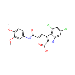 COc1ccc(NC(=O)/C=C/c2c(C(=O)O)[nH]c3cc(Cl)cc(Cl)c23)cc1OC ZINC000013761284