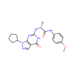 COc1ccc(NC(=O)[C@@H](C)Nc2nc3c(cnn3C3CCCC3)c(=O)[nH]2)cc1 ZINC000263621080