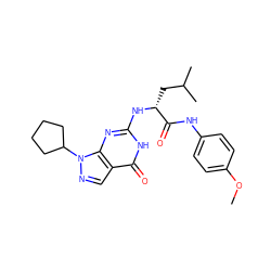 COc1ccc(NC(=O)[C@@H](CC(C)C)Nc2nc3c(cnn3C3CCCC3)c(=O)[nH]2)cc1 ZINC000299819377