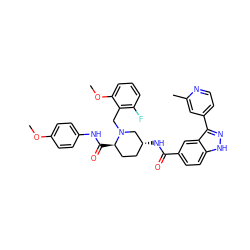 COc1ccc(NC(=O)[C@@H]2CC[C@@H](NC(=O)c3ccc4[nH]nc(-c5ccnc(C)c5)c4c3)CN2Cc2c(F)cccc2OC)cc1 ZINC000144932067