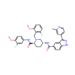 COc1ccc(NC(=O)[C@@H]2CC[C@@H](NC(=O)c3ccc4[nH]nc(-c5ccnc(C)c5)c4c3)CN2Cc2c(F)cccc2OC)cc1F ZINC000205012399