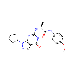 COc1ccc(NC(=O)[C@H](C)Nc2nc3c(cnn3C3CCCC3)c(=O)[nH]2)cc1 ZINC000299823752