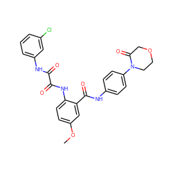 COc1ccc(NC(=O)C(=O)Nc2cccc(Cl)c2)c(C(=O)Nc2ccc(N3CCOCC3=O)cc2)c1 ZINC000299854622