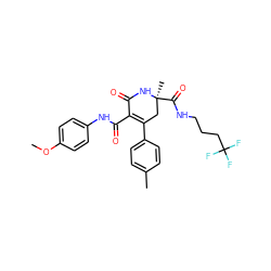 COc1ccc(NC(=O)C2=C(c3ccc(C)cc3)C[C@](C)(C(=O)NCCCC(F)(F)F)NC2=O)cc1 ZINC000224825716