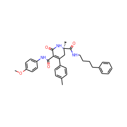 COc1ccc(NC(=O)C2=C(c3ccc(C)cc3)C[C@](C)(C(=O)NCCCCc3ccccc3)NC2=O)cc1 ZINC001772653569