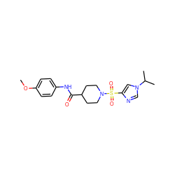 COc1ccc(NC(=O)C2CCN(S(=O)(=O)c3cn(C(C)C)cn3)CC2)cc1 ZINC000064957583