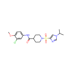 COc1ccc(NC(=O)C2CCN(S(=O)(=O)c3cn(C(C)C)cn3)CC2)cc1Cl ZINC000064957699