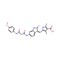 COc1ccc(NC(=O)CC(=O)Nc2ccc3c(c2)NC(=O)/C3=C\c2[nH]c(C)c(C(=O)O)c2C)cc1 ZINC000299829283