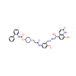 COc1ccc(NC(=O)CCN2CCC(OC(=O)Nc3ccccc3-c3ccccc3)CC2)cc1CCNC[C@H](O)c1ccc(O)c2[nH]c(=O)ccc12 ZINC000299868685