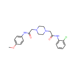 COc1ccc(NC(=O)CN2CCN(CC(=O)Nc3ccccc3Cl)CC2)cc1 ZINC000020767292