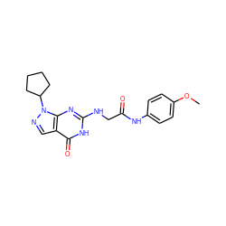 COc1ccc(NC(=O)CNc2nc3c(cnn3C3CCCC3)c(=O)[nH]2)cc1 ZINC000299819368