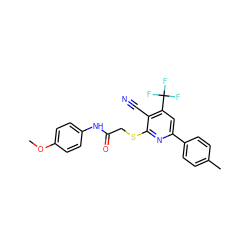 COc1ccc(NC(=O)CSc2nc(-c3ccc(C)cc3)cc(C(F)(F)F)c2C#N)cc1 ZINC000000730364