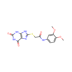 COc1ccc(NC(=O)CSc2nc3c(=O)[nH]c(=O)[nH]c3[nH]2)cc1OC ZINC000299821403