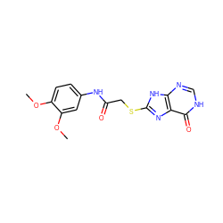 COc1ccc(NC(=O)CSc2nc3c(=O)[nH]cnc3[nH]2)cc1OC ZINC000299821492