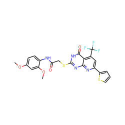 COc1ccc(NC(=O)CSc2nc3nc(-c4cccs4)cc(C(F)(F)F)c3c(=O)[nH]2)c(OC)c1 ZINC000008774317