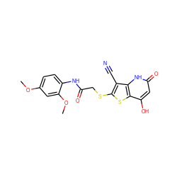 COc1ccc(NC(=O)CSc2sc3c(O)cc(=O)[nH]c3c2C#N)c(OC)c1 ZINC000013568725