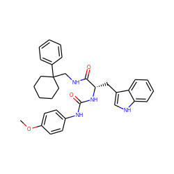 COc1ccc(NC(=O)N[C@@H](Cc2c[nH]c3ccccc23)C(=O)NCC2(c3ccccc3)CCCCC2)cc1 ZINC000474609008