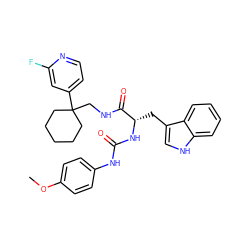 COc1ccc(NC(=O)N[C@@H](Cc2c[nH]c3ccccc23)C(=O)NCC2(c3ccnc(F)c3)CCCCC2)cc1 ZINC000473106923