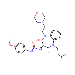 COc1ccc(NC(=O)N[C@@H]2C(=O)N(CCC(C)C)c3ccccc3N(CCN3CCOCC3)C2=O)cc1 ZINC000072177892