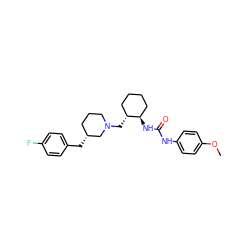 COc1ccc(NC(=O)N[C@@H]2CCCC[C@H]2CN2CCC[C@@H](Cc3ccc(F)cc3)C2)cc1 ZINC000013613262