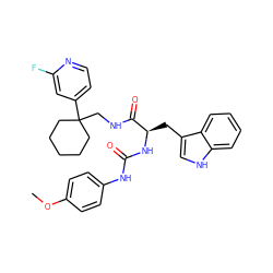 COc1ccc(NC(=O)N[C@H](Cc2c[nH]c3ccccc23)C(=O)NCC2(c3ccnc(F)c3)CCCCC2)cc1 ZINC000473106922