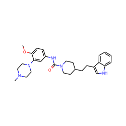 COc1ccc(NC(=O)N2CCC(CCc3c[nH]c4ccccc34)CC2)cc1N1CCN(C)CC1 ZINC000013806240