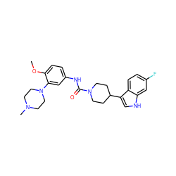 COc1ccc(NC(=O)N2CCC(c3c[nH]c4cc(F)ccc34)CC2)cc1N1CCN(C)CC1 ZINC000000587807