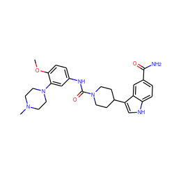 COc1ccc(NC(=O)N2CCC(c3c[nH]c4ccc(C(N)=O)cc34)CC2)cc1N1CCN(C)CC1 ZINC000013806248