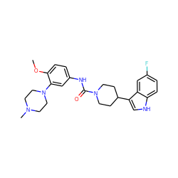 COc1ccc(NC(=O)N2CCC(c3c[nH]c4ccc(F)cc34)CC2)cc1N1CCN(C)CC1 ZINC000000602478