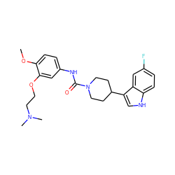 COc1ccc(NC(=O)N2CCC(c3c[nH]c4ccc(F)cc34)CC2)cc1OCCN(C)C ZINC000013806257