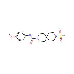 COc1ccc(NC(=O)N2CCC3(CC2)CCN(S(C)(=O)=O)CC3)cc1 ZINC000004238040