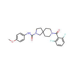 COc1ccc(NC(=O)N2CCC3(CCN(C(=O)c4c(F)cccc4F)CC3)C2)cc1 ZINC000096285165