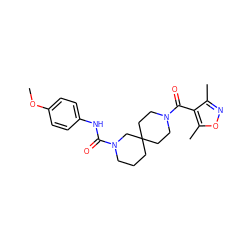 COc1ccc(NC(=O)N2CCCC3(CCN(C(=O)c4c(C)noc4C)CC3)C2)cc1 ZINC000004238038