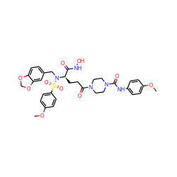 COc1ccc(NC(=O)N2CCN(C(=O)CC[C@H](C(=O)NO)N(Cc3ccc4c(c3)OCO4)S(=O)(=O)c3ccc(OC)cc3)CC2)cc1 ZINC000026404617