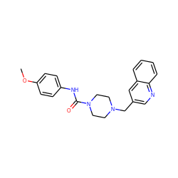 COc1ccc(NC(=O)N2CCN(Cc3cnc4ccccc4c3)CC2)cc1 ZINC000035878201