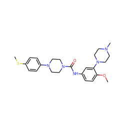 COc1ccc(NC(=O)N2CCN(c3ccc(SC)cc3)CC2)cc1N1CCN(C)CC1 ZINC000028527042