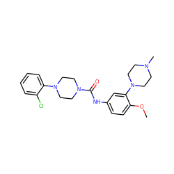 COc1ccc(NC(=O)N2CCN(c3ccccc3Cl)CC2)cc1N1CCN(C)CC1 ZINC000028526326