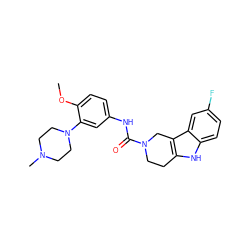 COc1ccc(NC(=O)N2CCc3[nH]c4ccc(F)cc4c3C2)cc1N1CCN(C)CC1 ZINC000013806228