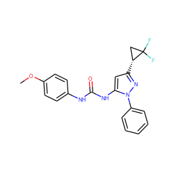 COc1ccc(NC(=O)Nc2cc([C@@H]3CC3(F)F)nn2-c2ccccc2)cc1 ZINC000299829116