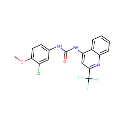 COc1ccc(NC(=O)Nc2cc(C(F)(F)F)nc3ccccc23)cc1Cl ZINC000064394284